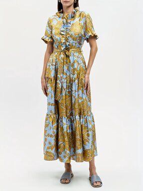 Yellow Floral Print Short Sleeve Tie Tiered Maxi Dress, Size XL, Brand New